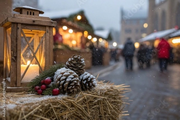 Obraz Snow dusted pinecones with lantern berries on a hay bale before Christmas market