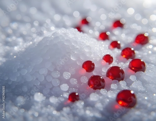 Fototapeta Abstract concept of diabetes shown by red droplets on white sugar-like granules, symbolizing high glucose levels, metabolic imbalance and blood chemistry disruption.