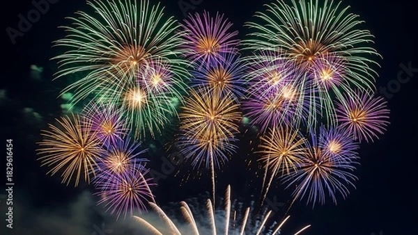 Fototapeta High-quality long-exposure photograph capturing the brilliant trails of colorful fireworks against a deep black sky.