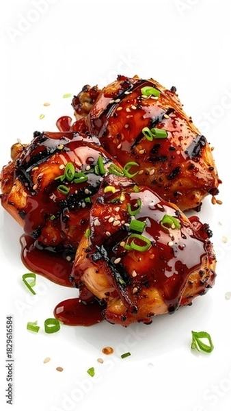 Obraz Three glazed chicken thighs, glistening with a rich sauce, are presented on a white background