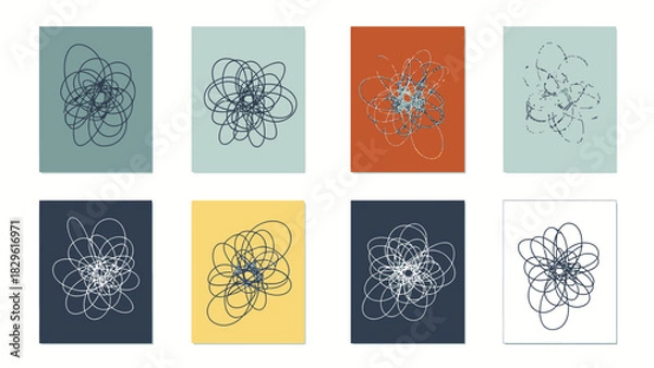 Obraz Eight abstract artworks featuring chaotic overlapping oval lines on varied colored backgrounds, presented in a grid.