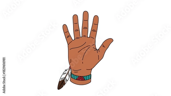 Obraz A cartoon illustration of an open hand with brown skin, adorned with a turquoise and red patterned bracelet and two feathers, on a white background.