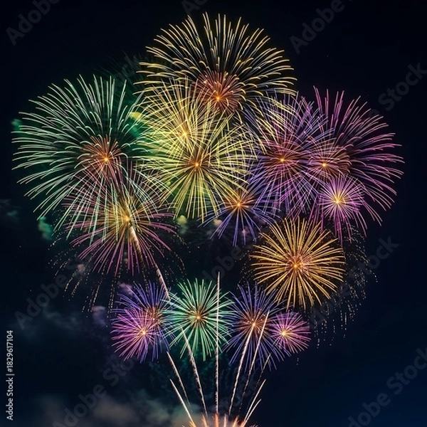 Fototapeta Nighttime holiday visual featuring a dramatic firework display with various colors and a romantic heart design at the center.