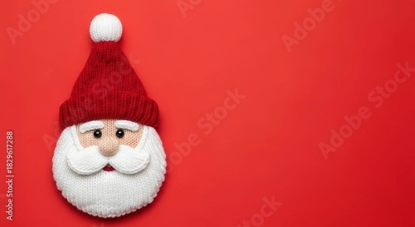 Obraz Christmas banner with knitted Santa's head in hat with pompom, red background with copy space. New Year poster for crafts, knitting materials, trendy textured image for knitting and sewing supply shop