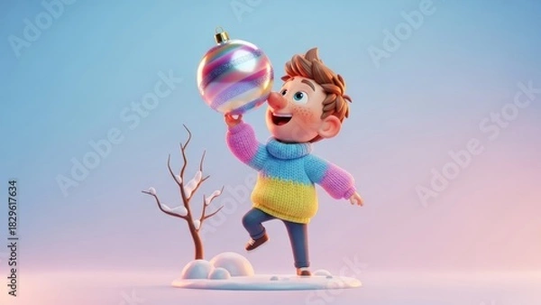 Fototapeta Whimsical animated child joyfully playing with colorful ornament in winter