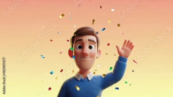 Fototapeta cheerful animated male character celebrating with colorful confetti in a