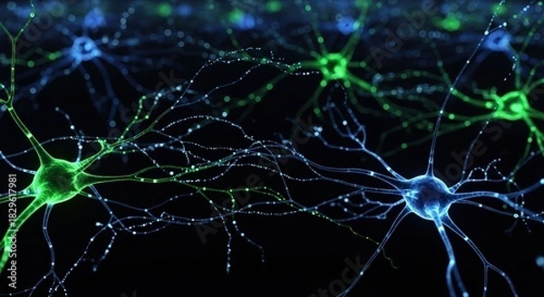 Obraz Vibrant blue and green abstract network of glowing neurons, representing connections and data flow. Dark background. Neuroscience and brain activity concept