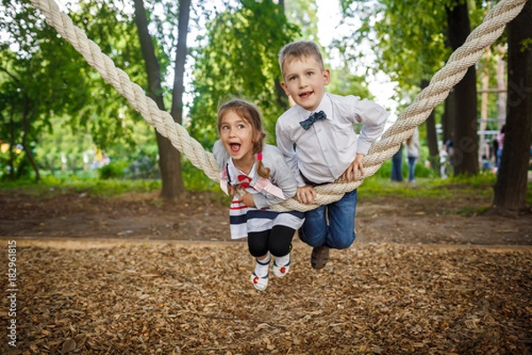 Obraz Happy little girl and boy on a rope swing. Children playing outdoors in summer.