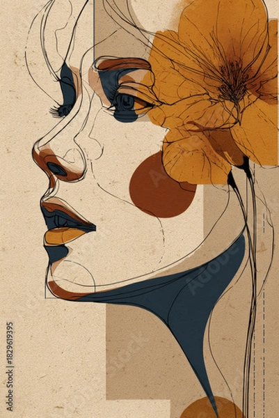 Obraz Stylized portrait sketch of young lady with large orange blossom and navy details on textured paper