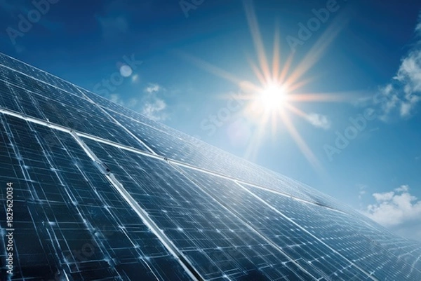 Fototapeta Array of panels against a bright sun and a vibrant blue sky with scattered clouds