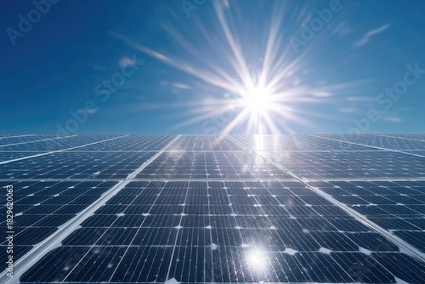 Fototapeta An upward perspective showcases the sun's radiant energy above a vast field of solar panels