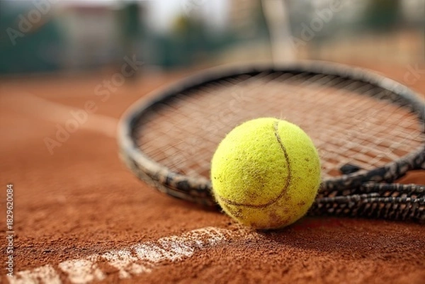 Fototapeta Close-up of a tennis ball on a red clay court with a racket resting behind it, near a white line