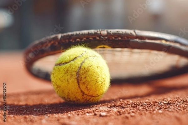 Fototapeta A yellow ball rests close to a racket on a clay court. Focus on the ball. Blurred background