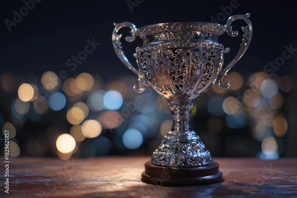 Fototapeta Ornate silver trophy on a wooden surface, with a blurred city skyline bokeh background