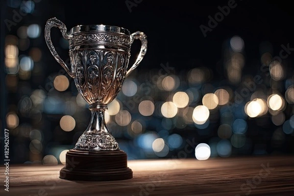 Fototapeta A gleaming silver trophy sits on a wooden surface with blurred city lights in background
