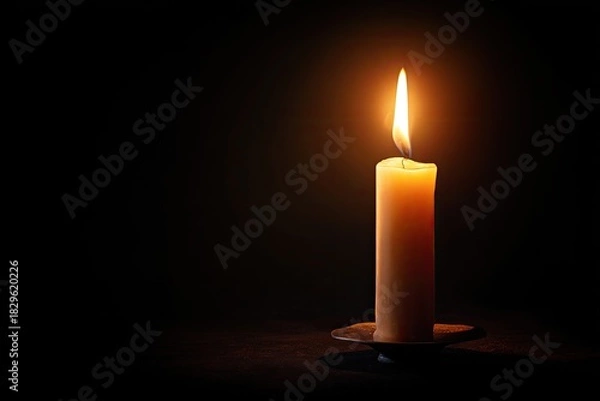 Fototapeta A single lit candle casts a warm glow against a deep black backdrop, a symbol of hope