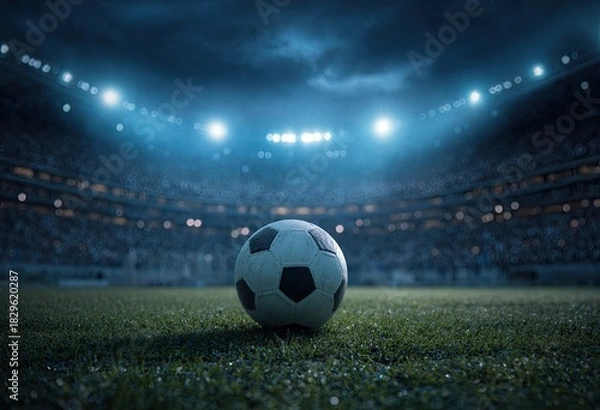 Fototapeta A soccer ball sits on the illuminated green pitch in a stadium under a dramatic, clouded night sky
