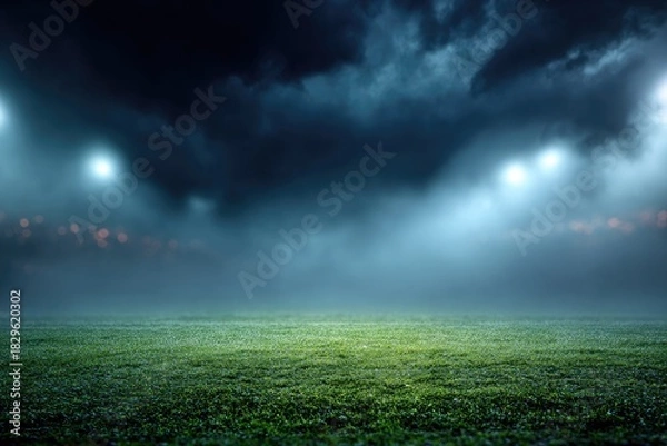 Fototapeta Stadium under dark sky. Green field with illuminated bright lights. Thick fog covers the ground