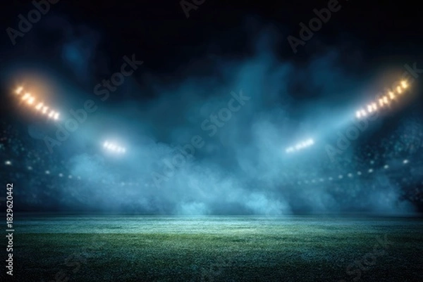 Fototapeta A brightly lit stadium scene at night with fog and focused spotlights shining down