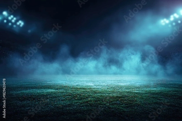 Fototapeta A night scene of a sporting field bathed in cool blue light, with hazy fog enveloping the grass