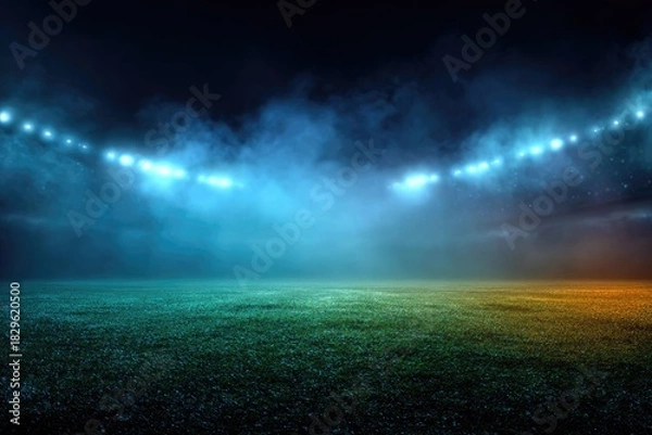 Fototapeta Empty stadium lit by bright floodlights with a misty atmosphere. Focus on vibrant green grass