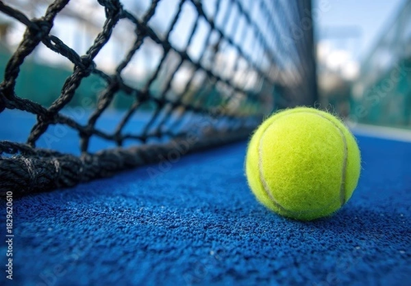 Fototapeta Close-up of a bright yellow ball resting on a textured blue court near a black mesh net