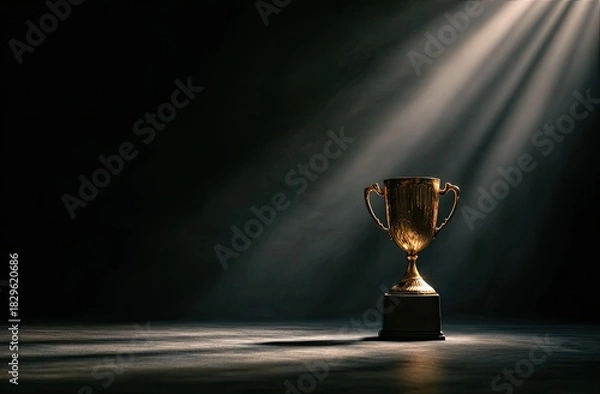 Fototapeta Golden trophy on a pedestal, illuminated by a spotlight against a dark, hazy background