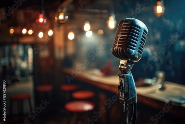 Fototapeta Vintage microphone dominates a dimly lit bar scene with hanging lights and stools