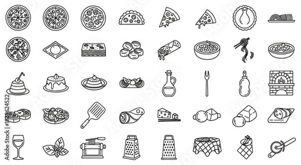 Fototapeta A collection of black and white line art icons depicting various Italian food dishes and related items.
