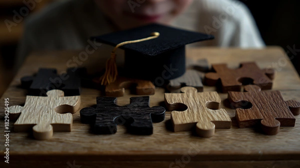 Fototapeta Wooden puzzle pieces and a student wearing a graduation hat on a table, representing a learning or education concept for special needs children