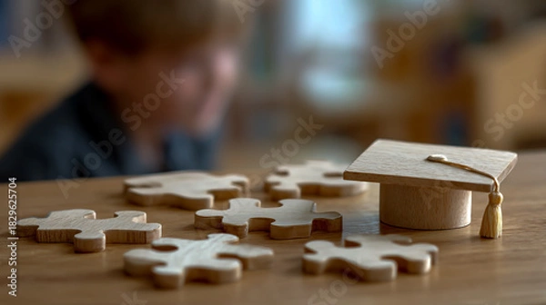 Fototapeta Wooden puzzle pieces and a student wearing a graduation hat on a table, representing a learning or education concept for special needs children