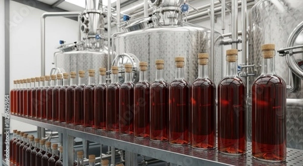 Fototapeta Bottled Wine Being Stored on Shelves in a Modern Factory