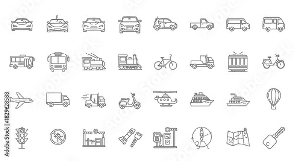 Fototapeta Collection of transportation icons in outline style, including cars, trains, planes, and more.