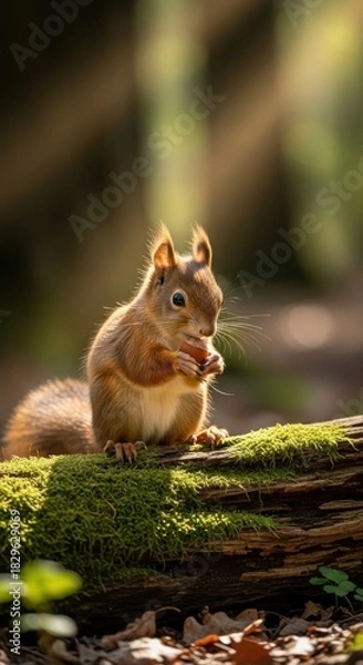 Fototapeta A captivating glimpse of woodland serenity: A squirrel's tranquil meal amidst mossy log