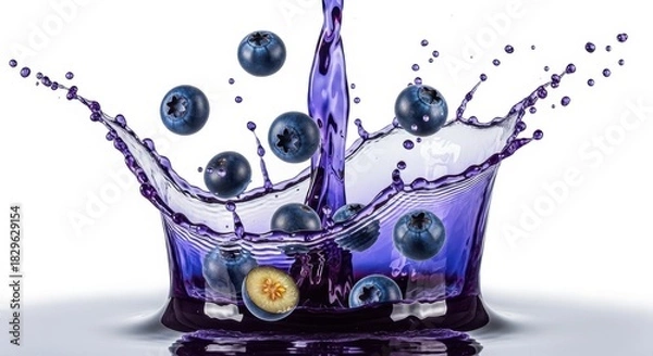 Fototapeta A captivating image of blueberries mid-air, plunging into a splash of vibrant purple juice