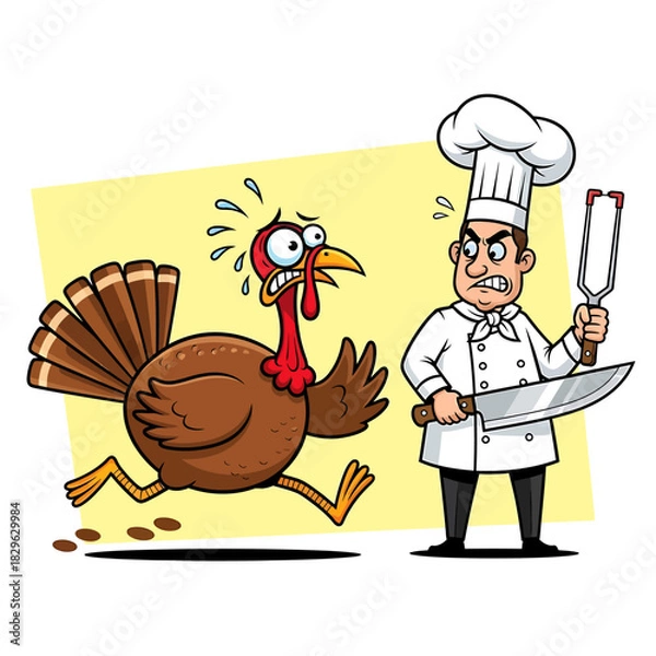 Fototapeta A funny cartoon of a scared turkey running and escaping from an angry chef with a knife before Thanksgiving dinner