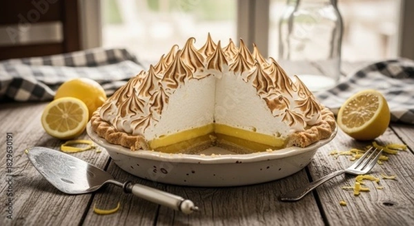 Fototapeta A delectable lemon meringue pie served on a rustic wooden table ambiance showcases culinary