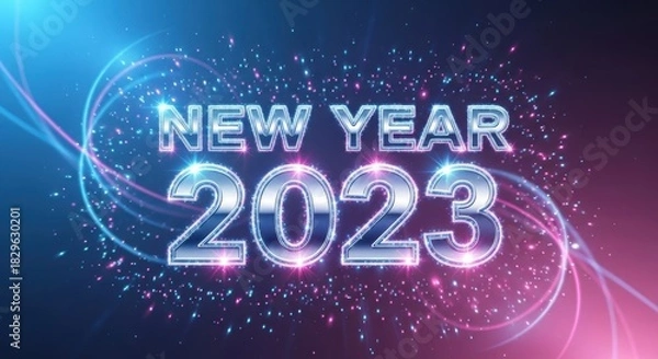 Fototapeta A dazzling New Year 2023 celebration with luminous accents and shimmering particles creates a
