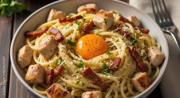 Fototapeta A delightful culinary creation: carbonara pasta with tender chicken and a vibrant egg yolk