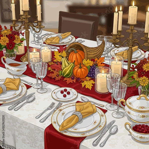 Fototapeta Elegant Thanksgiving dinner table setting with a cornucopia centerpiece, candles, and autumn decorations illustration