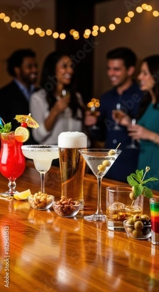 Fototapeta A gathering of friends enjoying an evening with diverse drinks and vibrant conversations