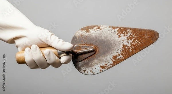 Fototapeta A gloved hand presents a weathered trowel showcasing vintage charm and rustic elegance in design