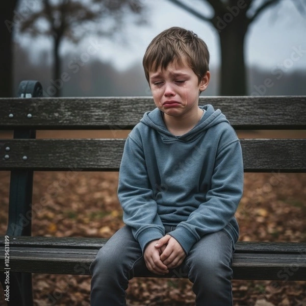 Fototapeta A heartrending scene of childhood sorrow on an autumn day showcasing deep emotion and