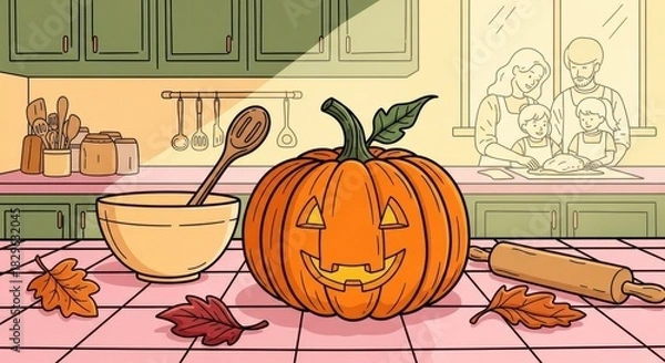 Fototapeta A heartwarming family bakes together with a playful jack-o'-lantern nearby creating festive memories