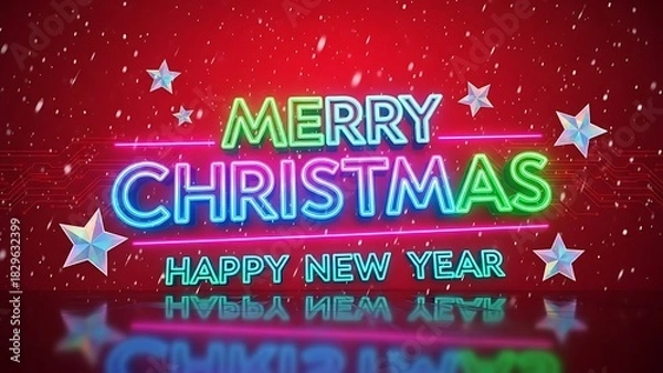 Obraz Merry christmas and happy new year neon sign with falling snow and stars