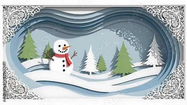 Obraz Whimsical paper cut snowman scene with snowy forest and trees