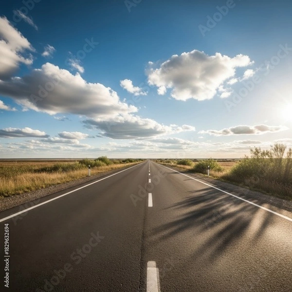 Fototapeta A Long Asphalt Road Stretching Through a Wide Open Landscape Under a Sunny Sky
