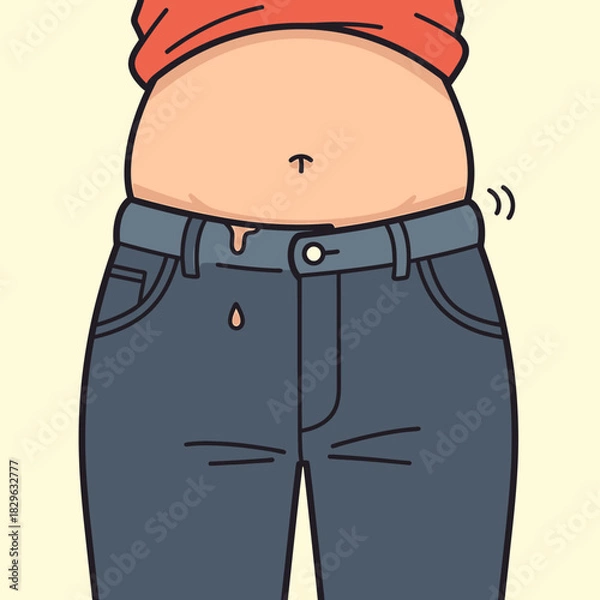 Fototapeta A cartoon illustration of an overweight person with a large belly hanging over tight jeans, a concept for weight gain, diet, and health