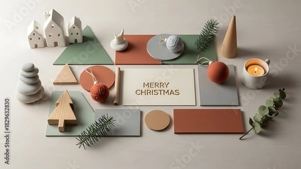 Obraz Flat lay arrangement of christmas decorations and festive elements