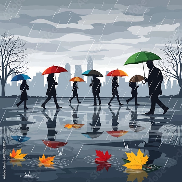 Fototapeta An urban illustration of people with colorful umbrellas walking on a rainy autumn day, with reflections in the puddles